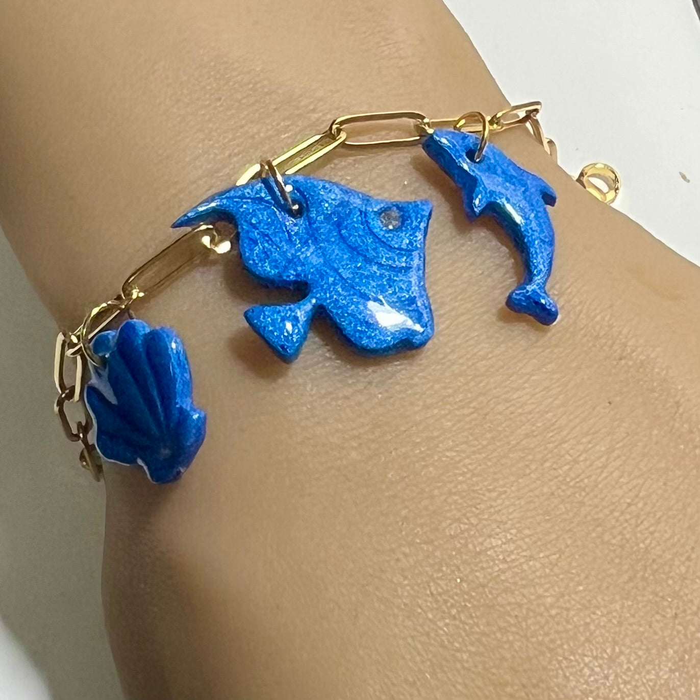 Bracelet Marin en Acier Inoxydable et Pâte Polymère – Coquillage , Poisson et Dauphin