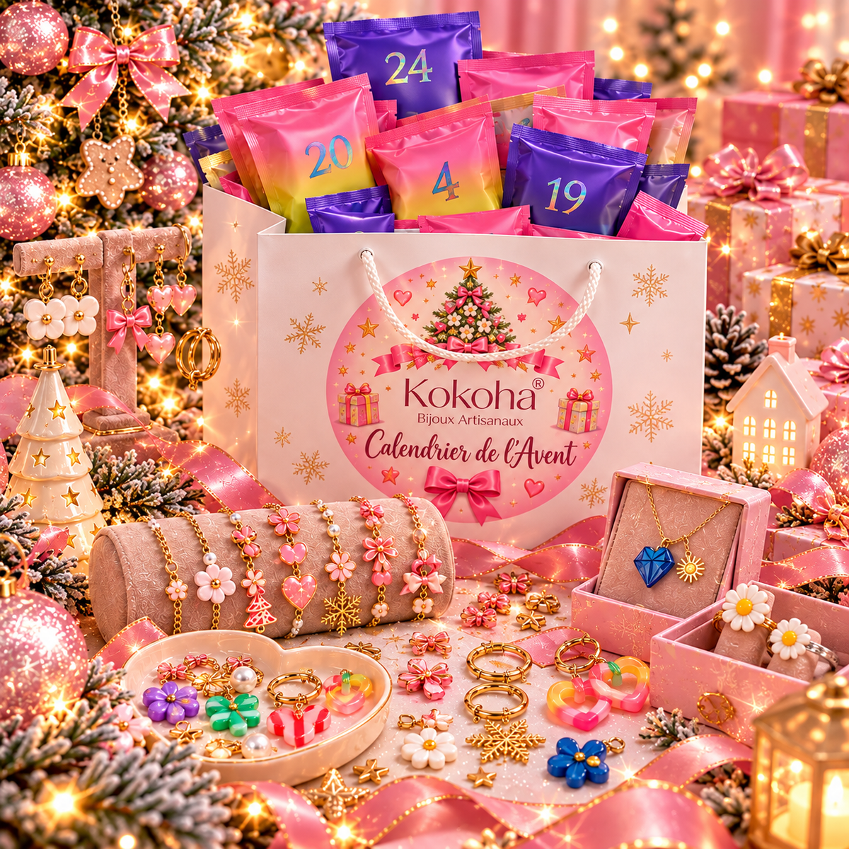 Calendrier de l’Avent Bijoux Artisanaux Kokoha 2026 avec sac et pochettes numérotées
