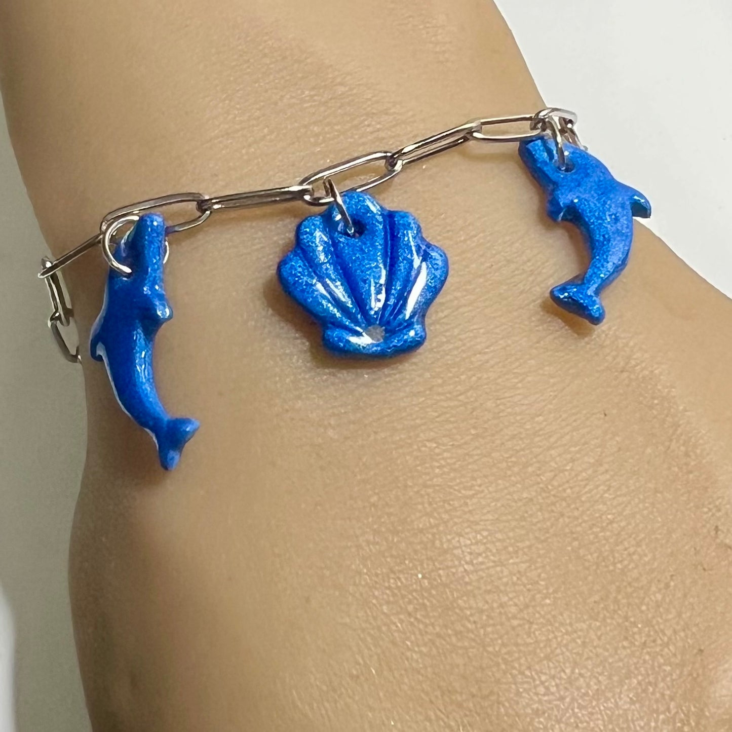 Bracelet Marin en Acier Inoxydable et Pâte Polymère – Coquillage , Poisson et Dauphin