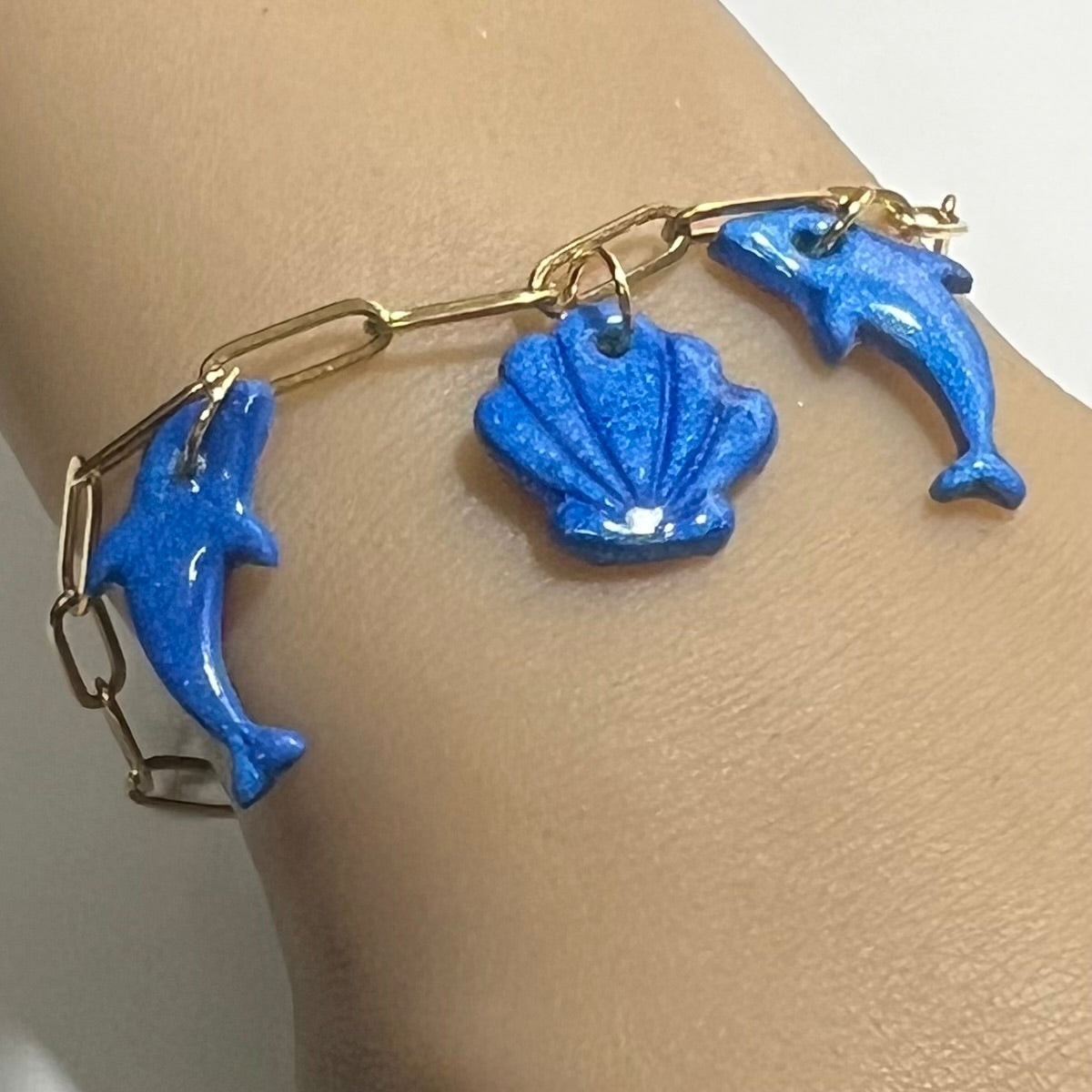 Bracelet Marin en Acier Inoxydable et Pâte Polymère – Coquillage , Poisson et Dauphin