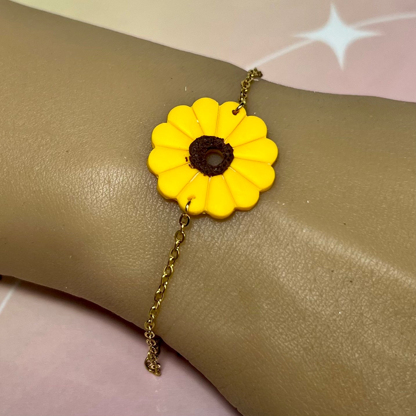 Bracelet GlowSun – Tournesol en pâte polymère et chaîne acier inoxydable