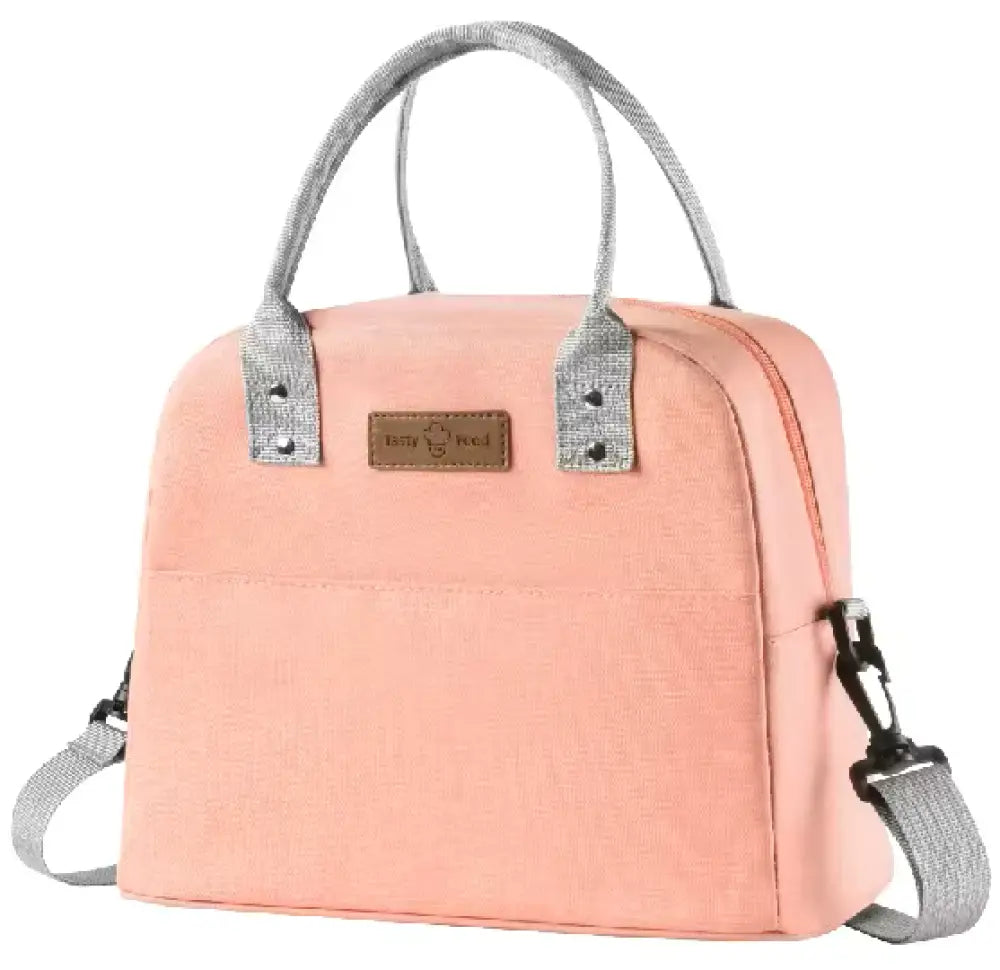 Lunch bag isotherme rose corail avec poignées grises et bandoulière amovible – Kokoha