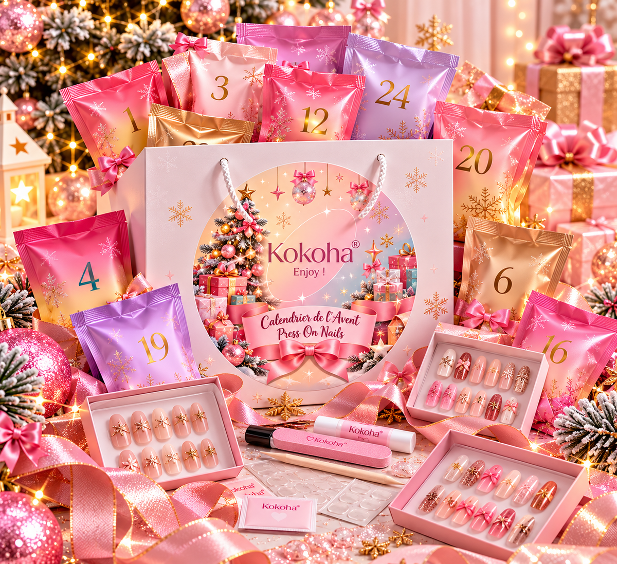 Calendrier de l’Avent Press On Nails Kokoha 2026 avec pochettes, faux ongles et accessoires de manucure