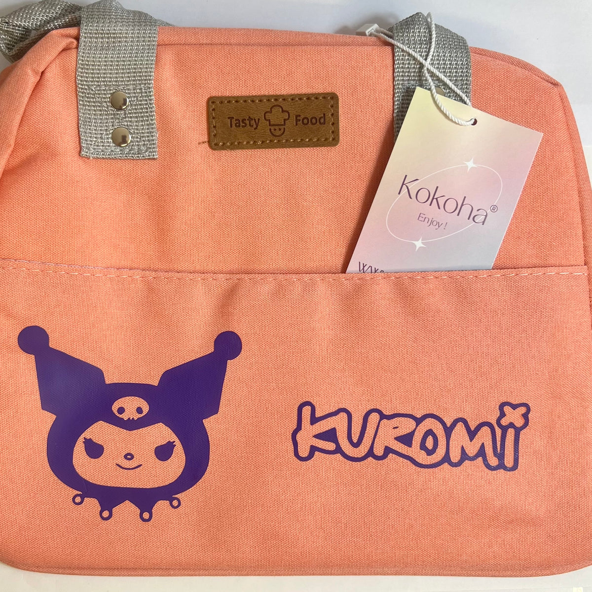 Lunch bag isotherme corail personnalisé avec motifs Kuromi en finition violet – Kokoha