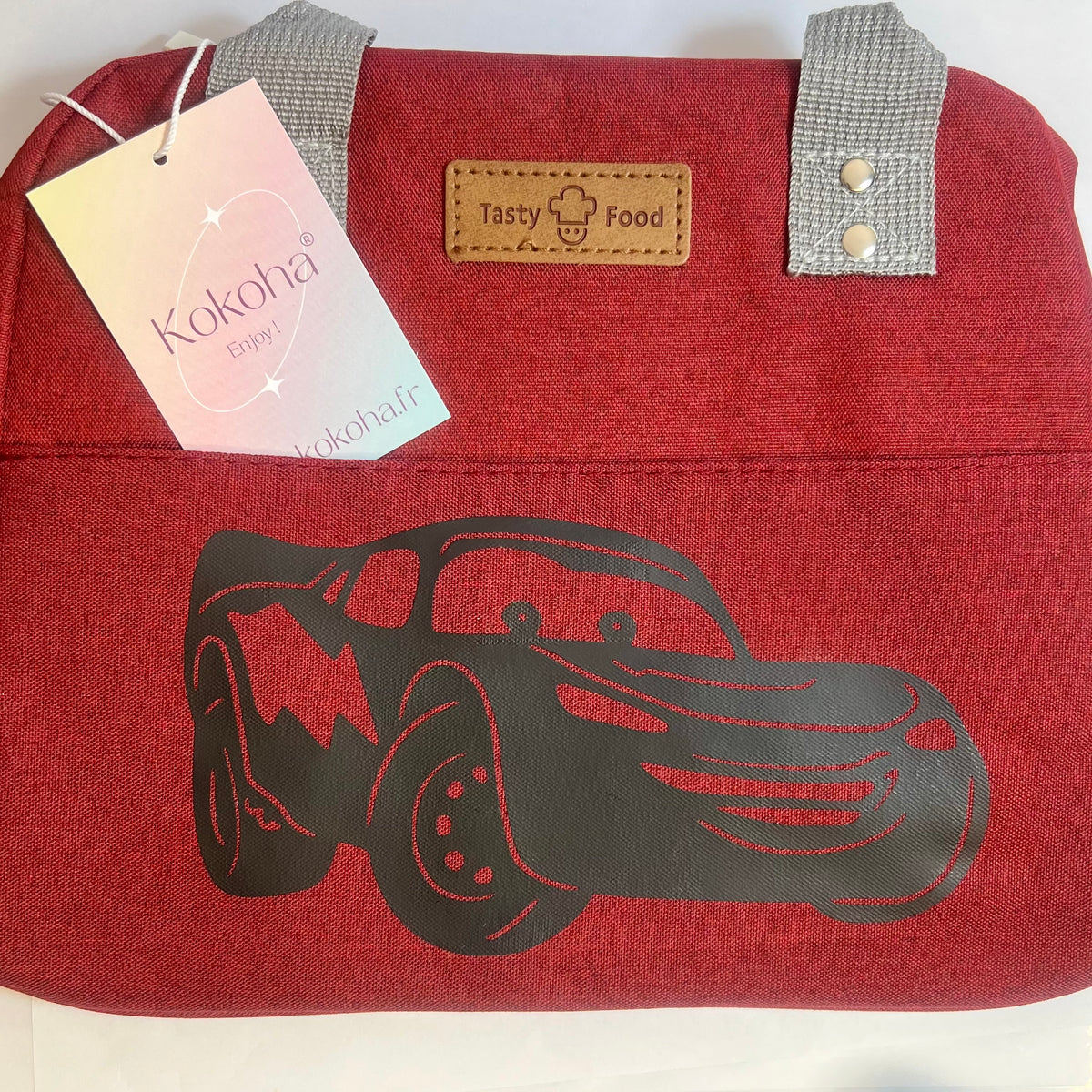 Lunch bag isotherme bordeaux personnalisé avec motif Flash mc queen et poignées grises – Kokoha