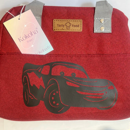 Lunch bag isotherme bordeaux personnalisé avec motif Flash mc queen et poignées grises – Kokoha