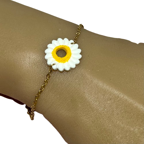 Bracelet Margot – Marguerite en pâte polymère et chaîne en acier inoxydable