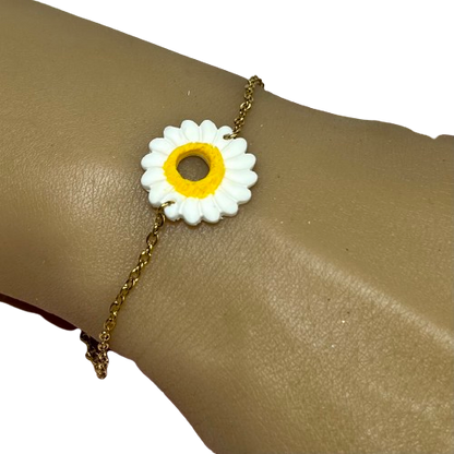 Bracelet Margot – Marguerite en pâte polymère et chaîne en acier inoxydable