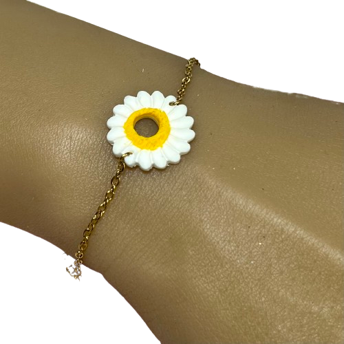 Bracelet Margot – Marguerite en pâte polymère et chaîne en acier inoxydable