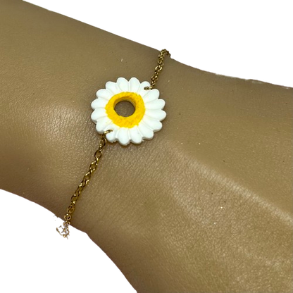 Bracelet Margot – Marguerite en pâte polymère et chaîne en acier inoxydable