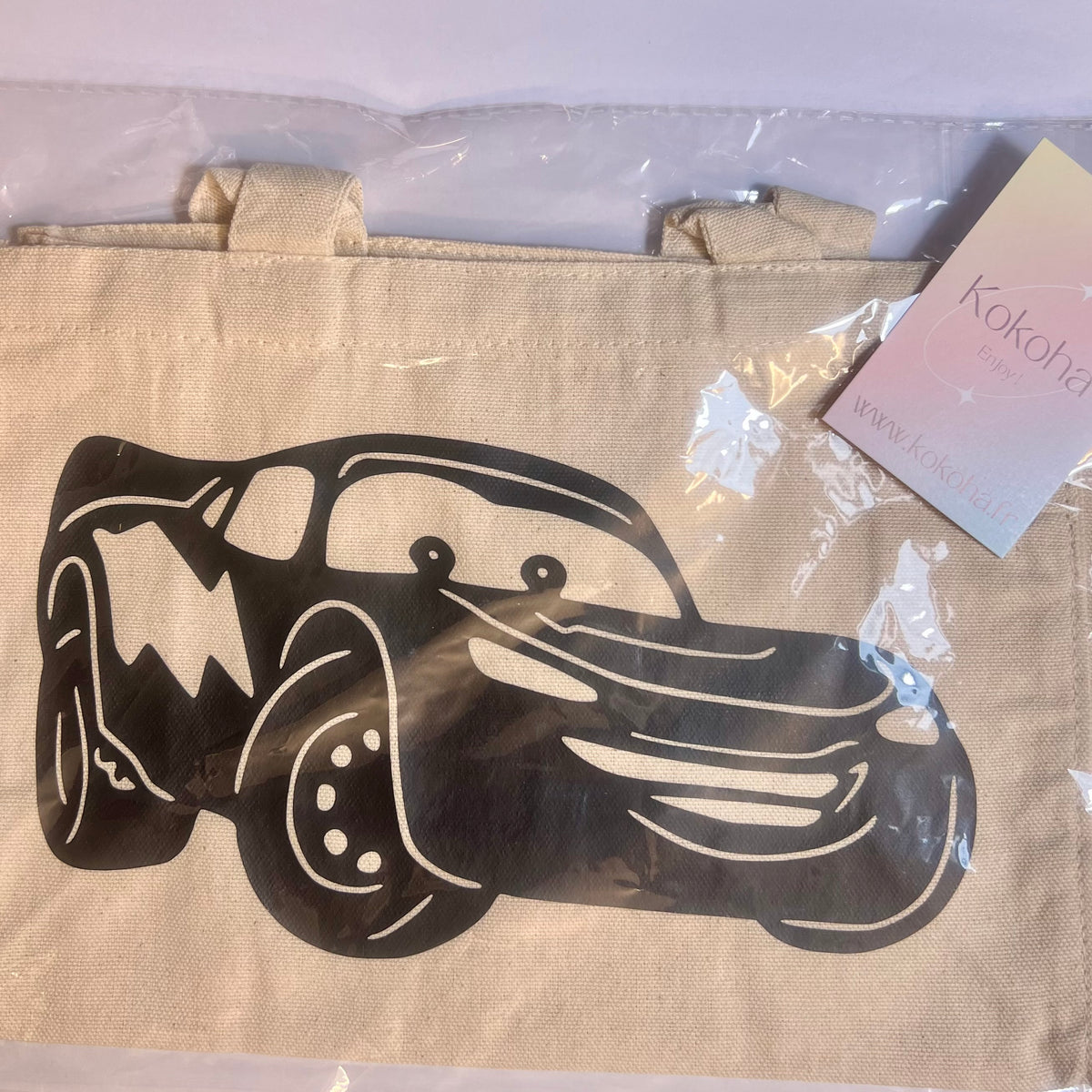 Petit sac crème en coton décoré cars – Kokoha