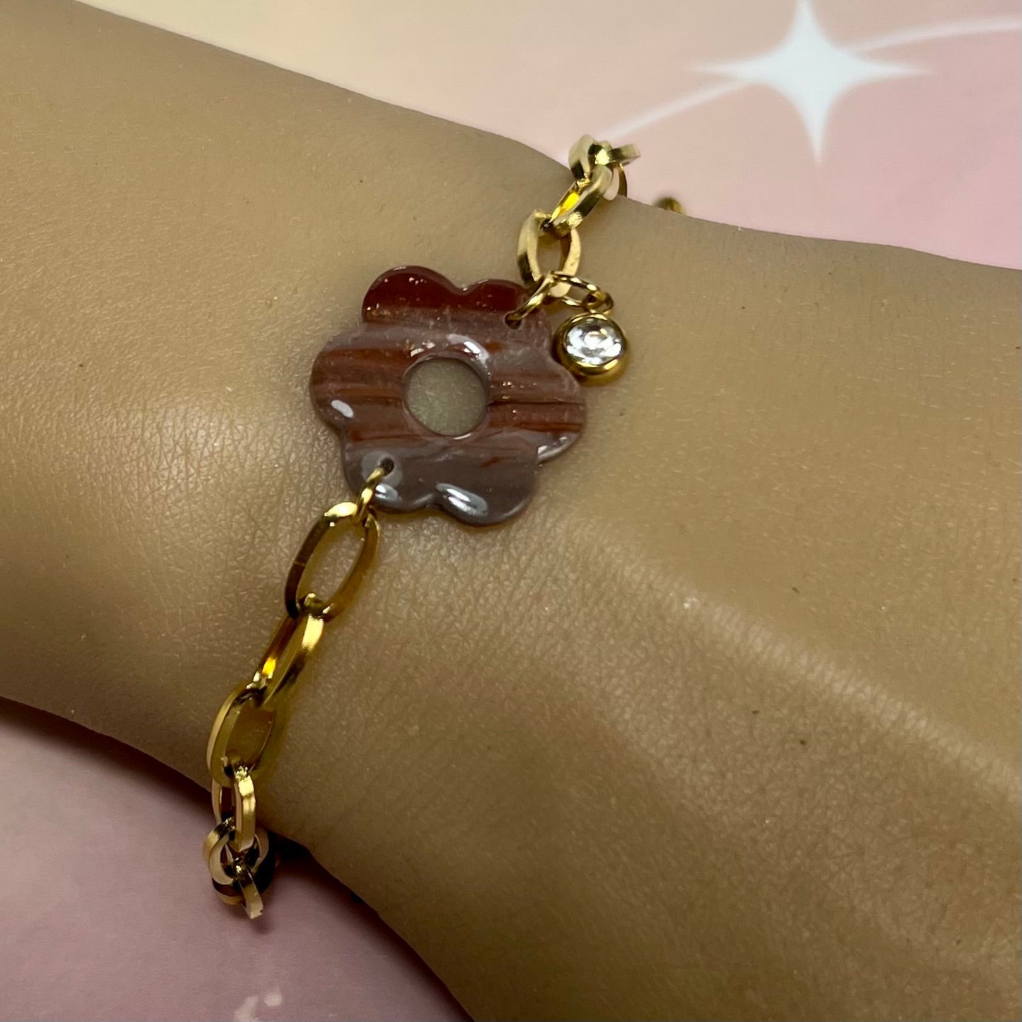 Bracelets Flora – Fleurs en pâte polymère et pierres fines/Strass sur acier inoxydable