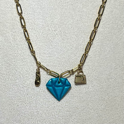 Colliers Diams  – acier inoxydable et pâte polymère – Diamant marbré ou métallisé avec charms uniques