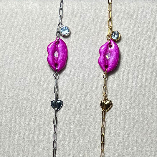 Bracelet Lips – Bracelet en acier inoxydable et pâte polymère fait main | Chaîne dorée ou argentée