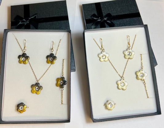 Parure Complète Acier Inoxydable & Pâte Polymère – Collier, Bracelet, Bague & Boucles Assortis | Coffret Cadeau