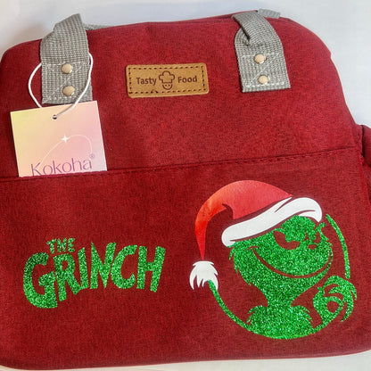 Lunch bag isotherme bordeaux personnalisé avec motif du Grinch vert pailleté et poignées grises – Kokoha