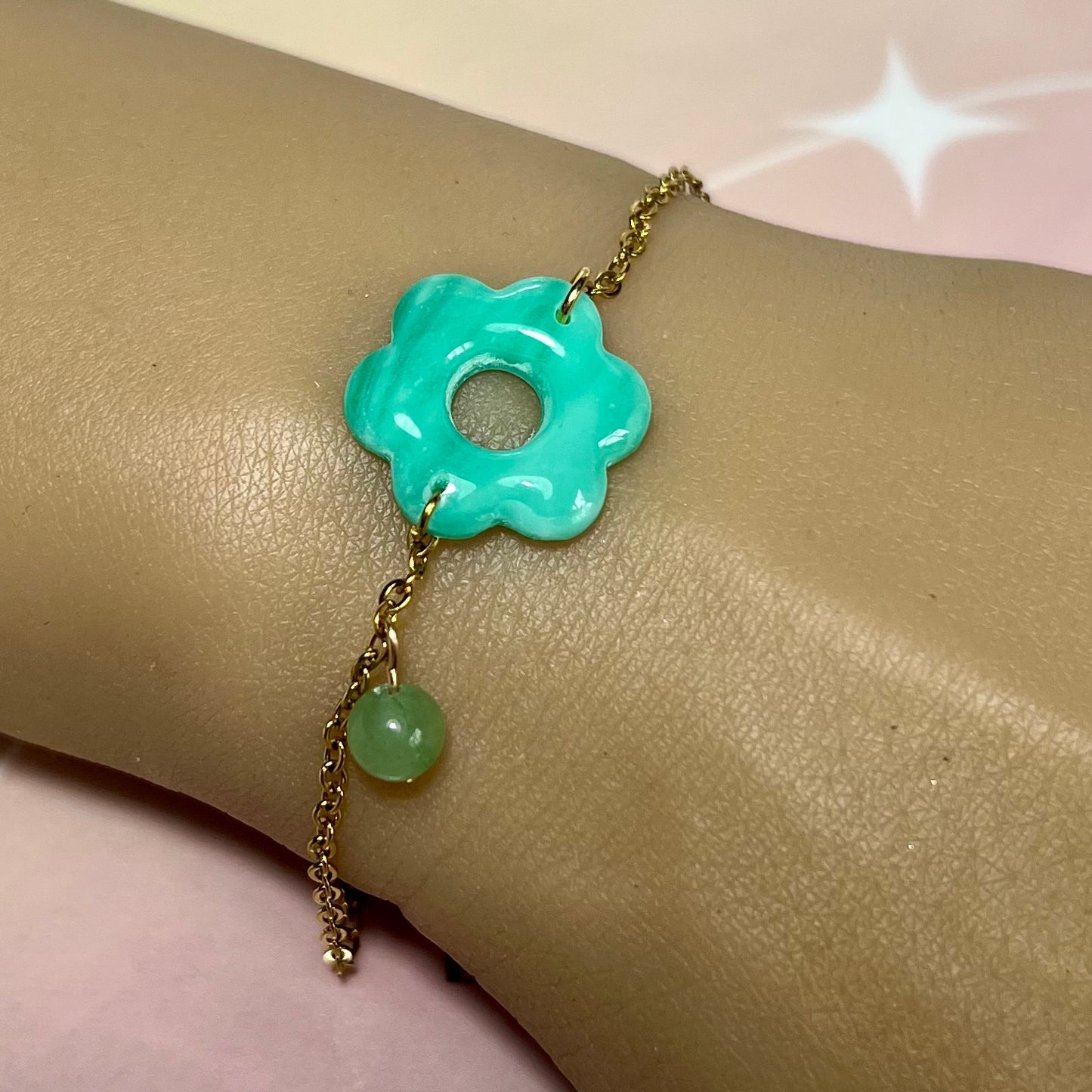 Bracelets Flora – Fleurs en pâte polymère et pierres fines/Strass sur acier inoxydable