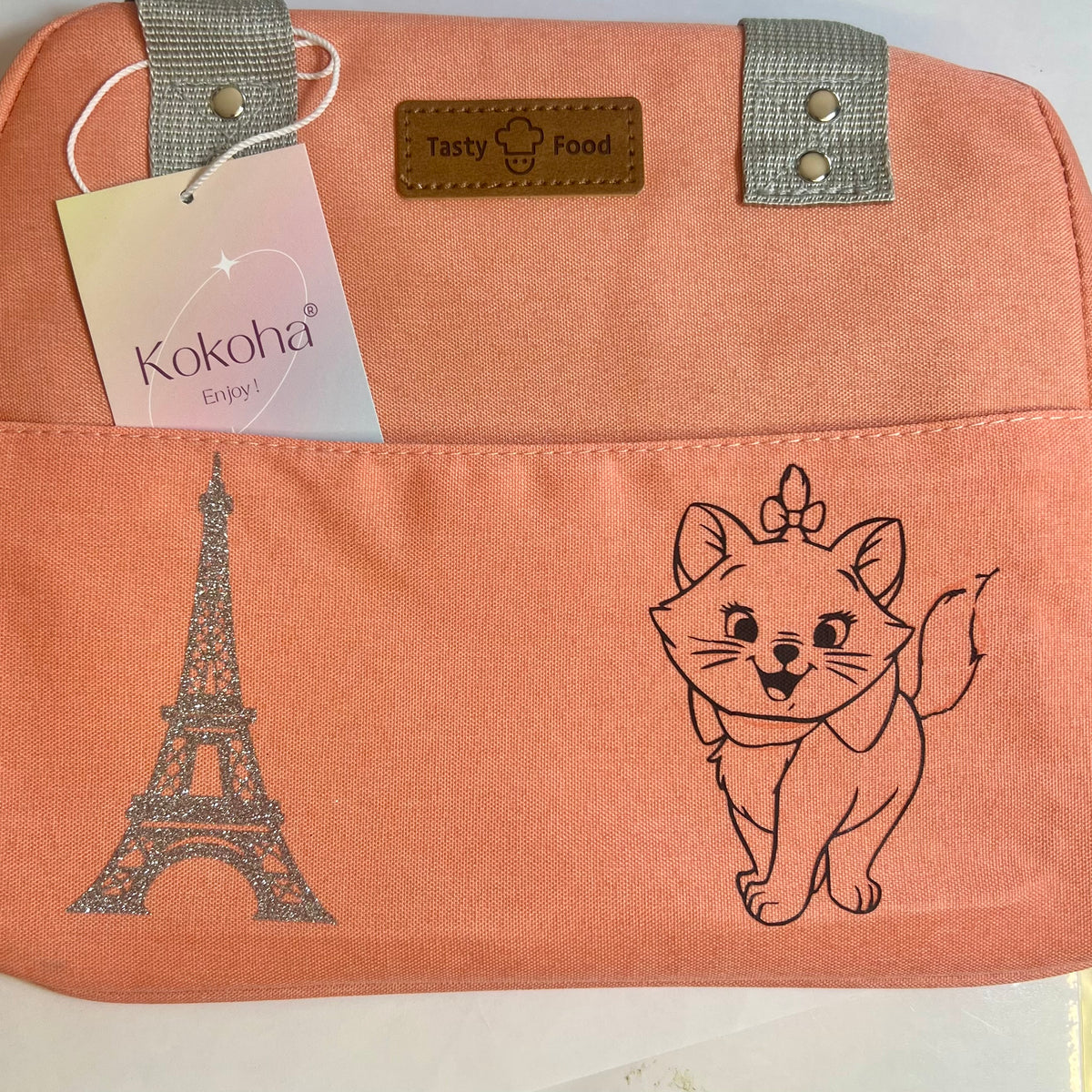 Lunch bag isotherme corail personnalisé avec motifs Marie en finition pailletée – Kokoha