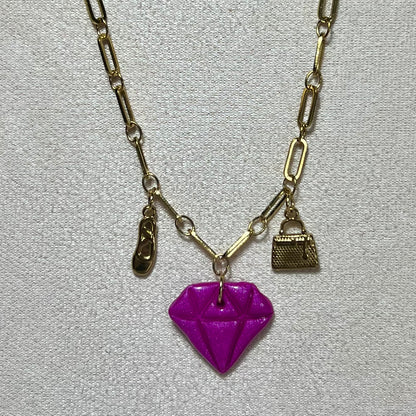 Colliers Diams  – acier inoxydable et pâte polymère – Diamant marbré ou métallisé avec charms uniques