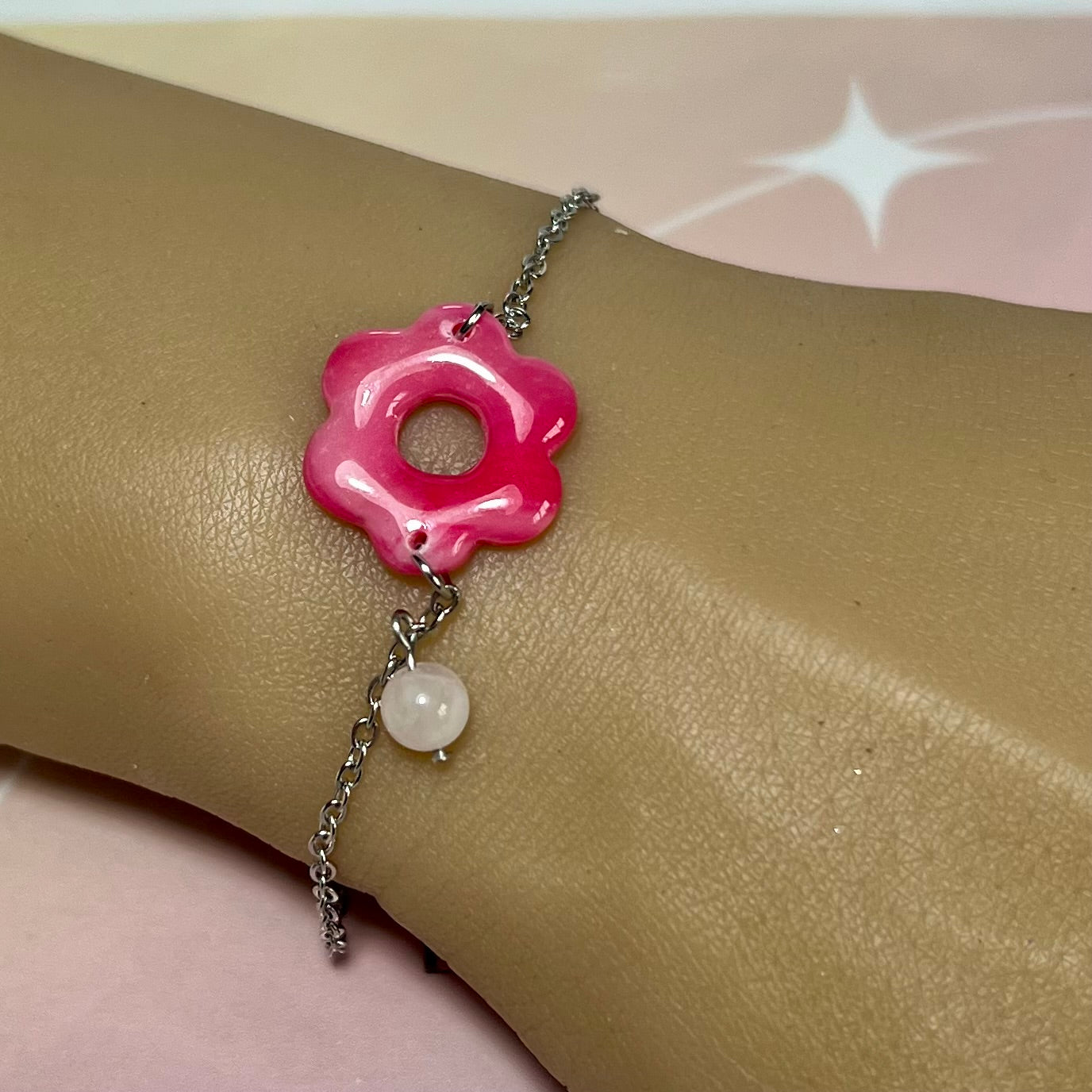 Bracelets Flora – Fleurs en pâte polymère et pierres fines/Strass sur acier inoxydable