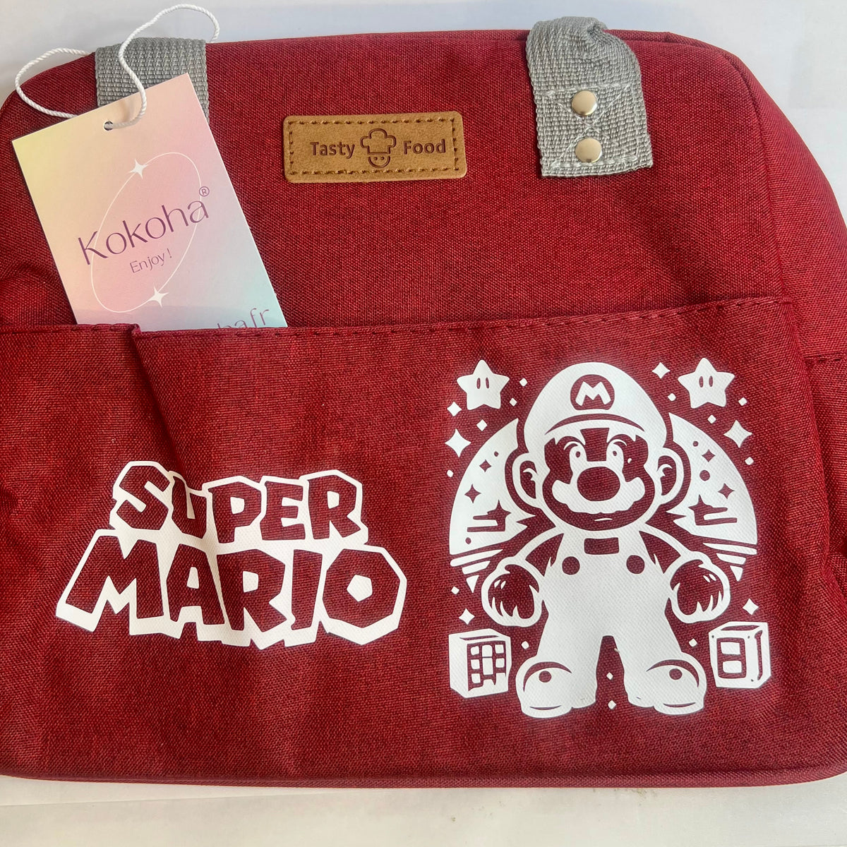 Lunch bag isotherme bordeaux personnalisé avec motif Super mario et poignées grises – Kokoha