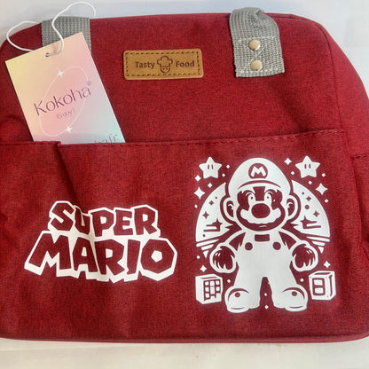 Lunch bag isotherme bordeaux personnalisé avec motif Super mario et poignées grises – Kokoha