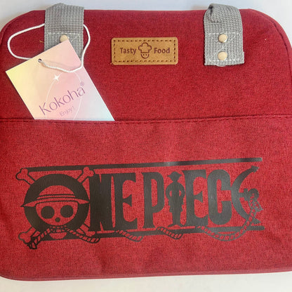Lunch bag isotherme bordeaux personnalisé avec motif One piece et poignées grises – Kokoha