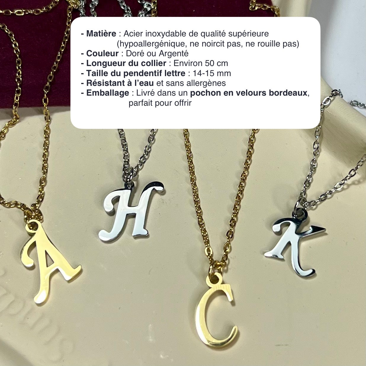 Collier Lettre Initiale en Acier Inoxydable – Doré ou Argenté | Cadeau Personnalisé à Petit Prix