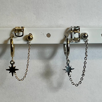 Mono Boucle d’Oreilles et Bague d'oreilles en Acier Inoxydable B052 – Doré ou Argenté | Hypoallergéniques et Résistantes à l’Eau
