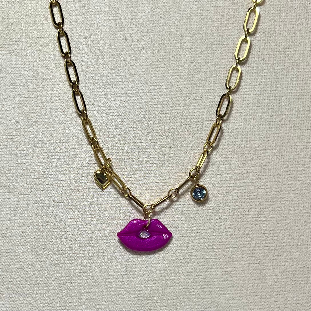 Collier Lips – Collier en acier inoxydable et pâte polymère fait main | Chaîne dorée ou argentée