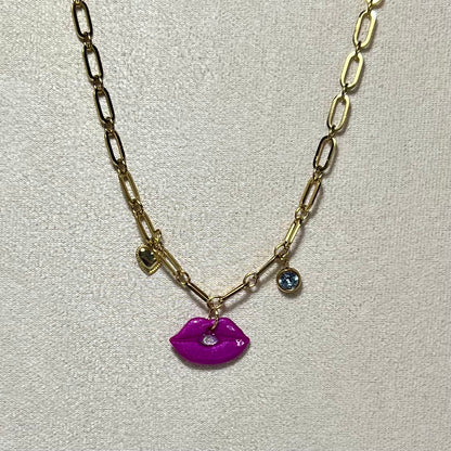 Collier Lips – Collier en acier inoxydable et pâte polymère fait main | Chaîne dorée ou argentée