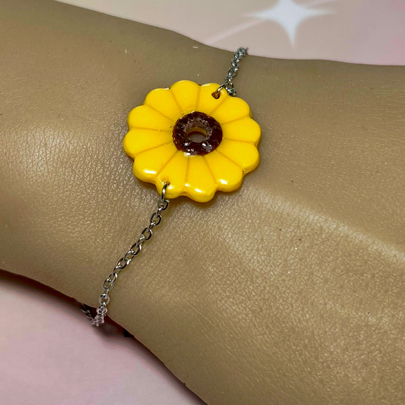 Bracelet GlowSun – Tournesol en pâte polymère et chaîne acier inoxydable
