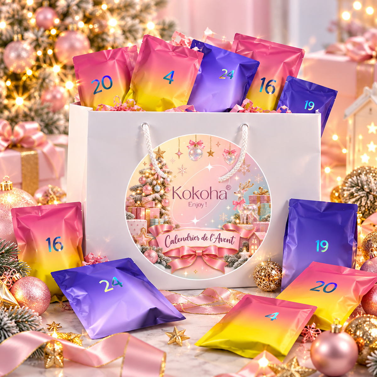 Calendrier de l’Avent Kokoha personnalisé avec 24 pochettes de Noël et produits beauté bijoux accessoires