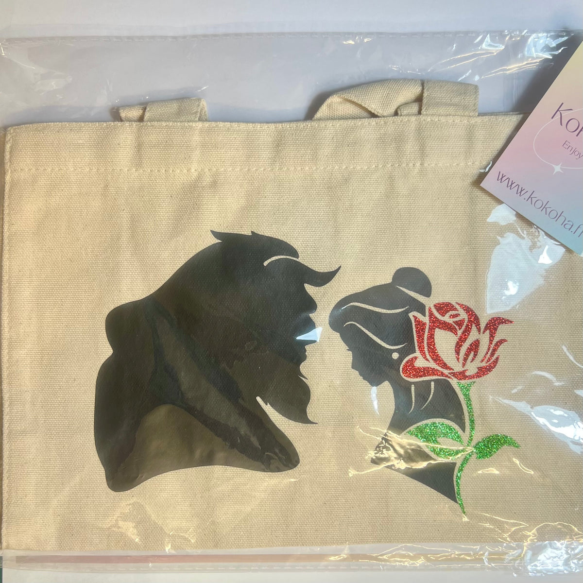 Petit sac crème en coton décoré belle & la bête – Kokoha