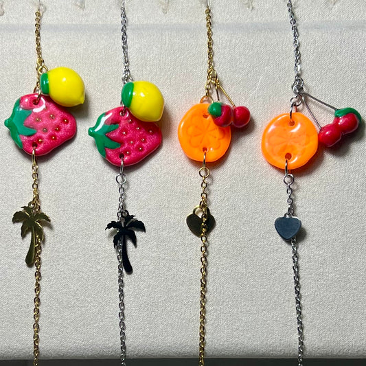 Bracelet Multi-fruits en acier inoxydable fait main – Citron-Fraise-Palmier ou Orange-Cerise-Coeur – Chaîne dorée ou argentée