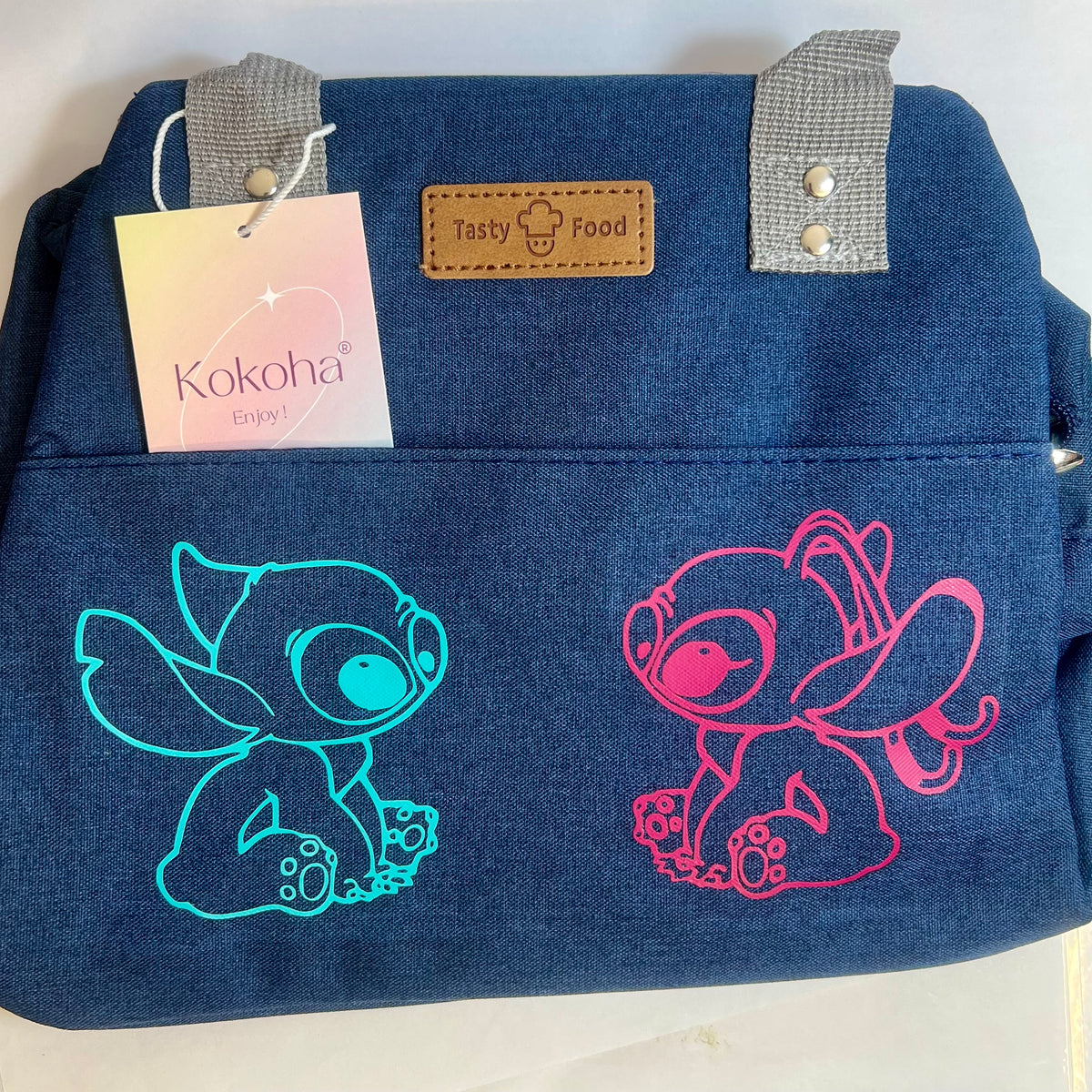 Lunch bag isotherme bleu personnalisé avec motifs angel et stitch – Kokoha