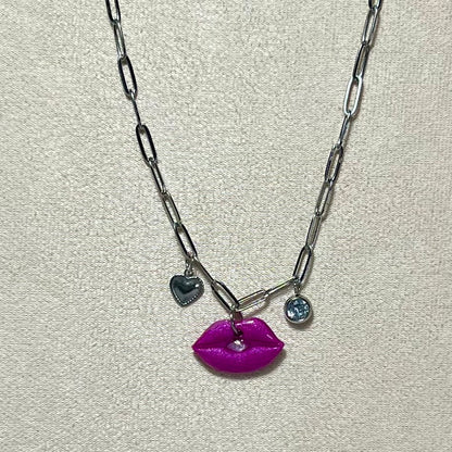 Collier Lips – Collier en acier inoxydable et pâte polymère fait main | Chaîne dorée ou argentée