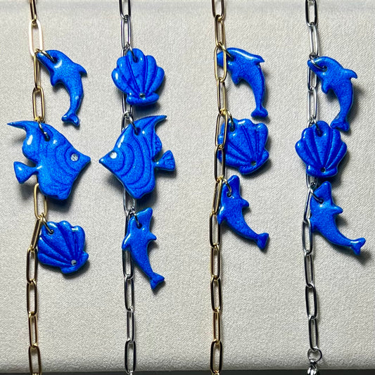 Bracelet Marin en Acier Inoxydable et Pâte Polymère – Coquillage , Poisson et Dauphin