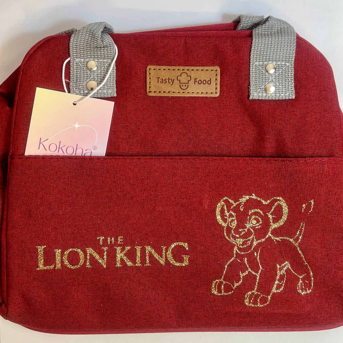 Lunch bag isotherme bordeaux personnalisé avec motif Simba pailleté et poignées grises – Kokoha