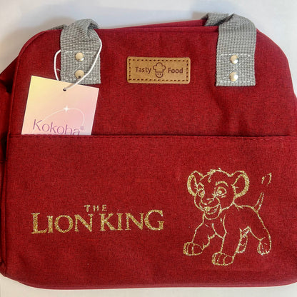 Lunch bag isotherme bordeaux personnalisé avec motif Simba pailleté et poignées grises – Kokoha