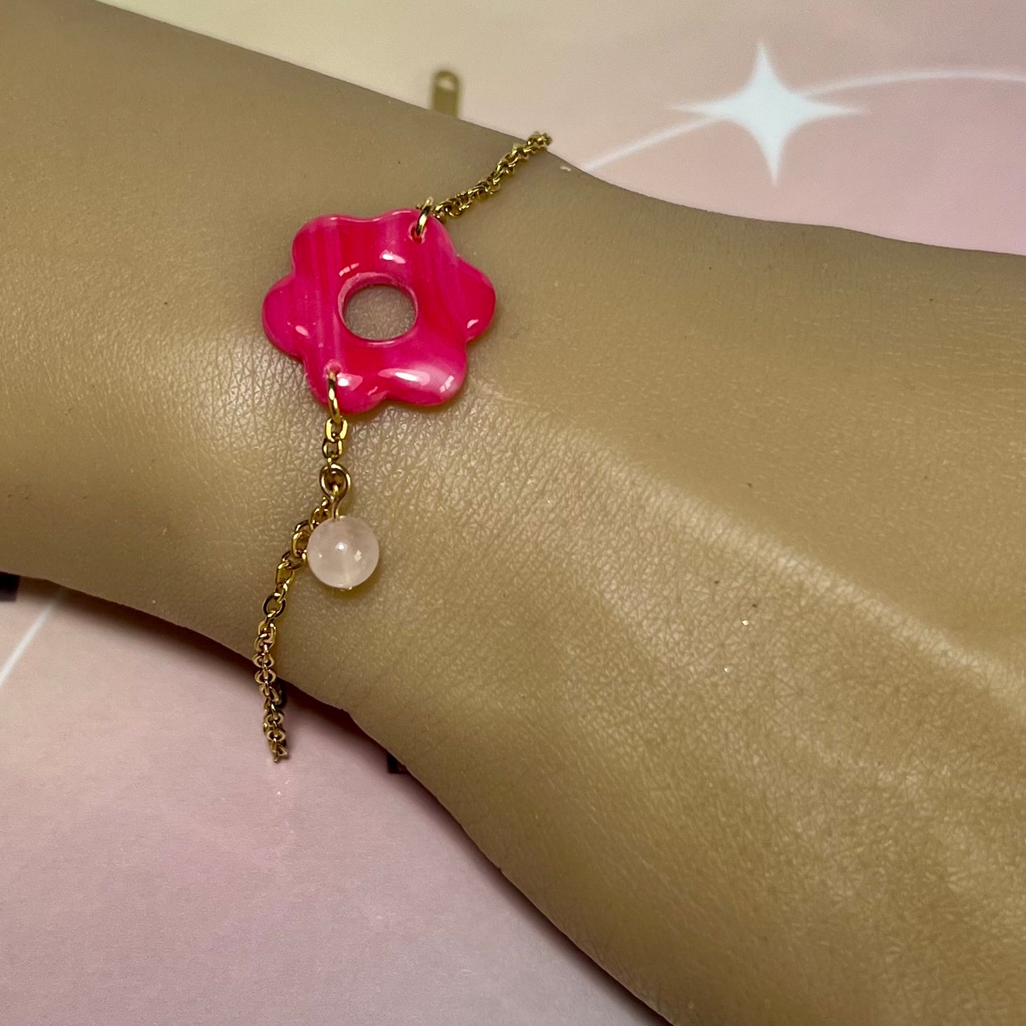 Bracelets Flora – Fleurs en pâte polymère et pierres fines/Strass sur acier inoxydable