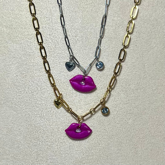 Collier Lips – Collier en acier inoxydable et pâte polymère fait main | Chaîne dorée ou argentée