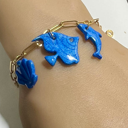 Bracelet Marin en Acier Inoxydable et Pâte Polymère – Coquillage , Poisson et Dauphin