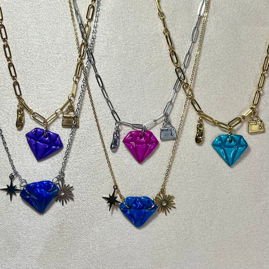 Colliers Diams  – acier inoxydable et pâte polymère – Diamant marbré ou métallisé avec charms uniques