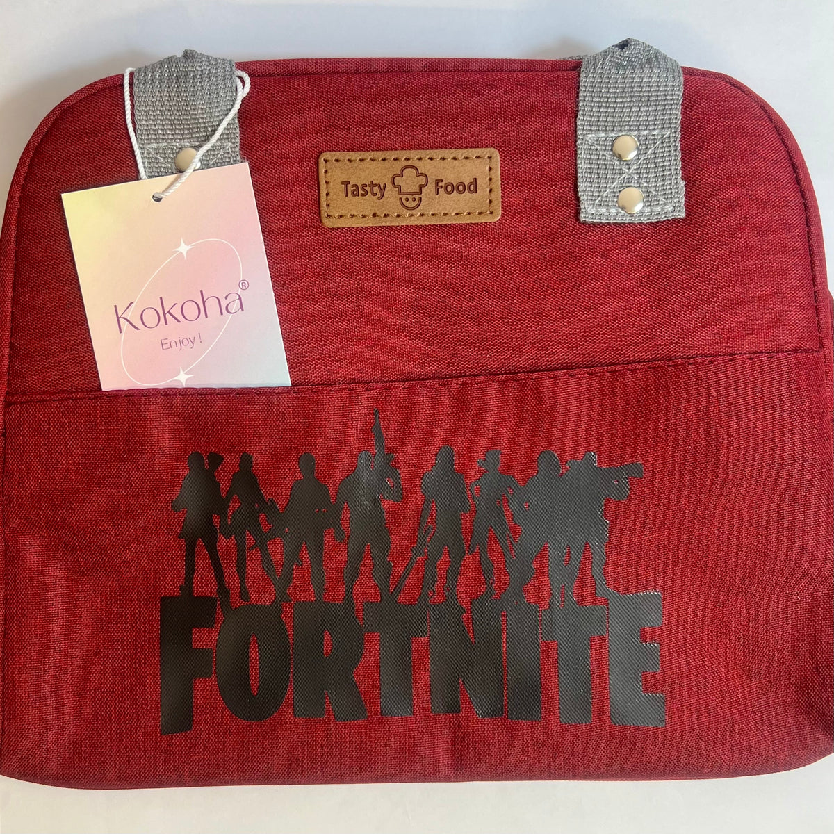 Lunch bag isotherme bordeaux personnalisé avec motif Fortnite et poignées grises – Kokoha