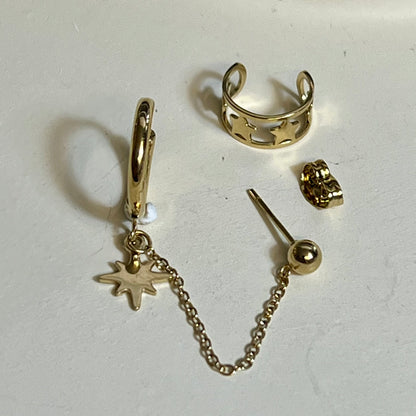 Mono Boucle d’Oreilles et Bague d'oreilles en Acier Inoxydable B052 – Doré ou Argenté | Hypoallergéniques et Résistantes à l’Eau