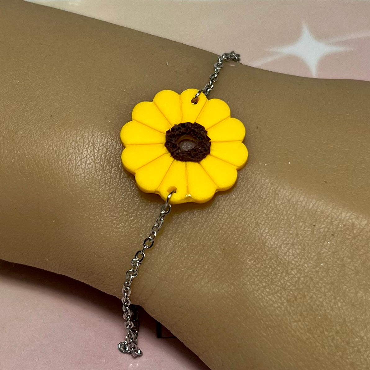 Bracelet GlowSun – Tournesol en pâte polymère et chaîne acier inoxydable