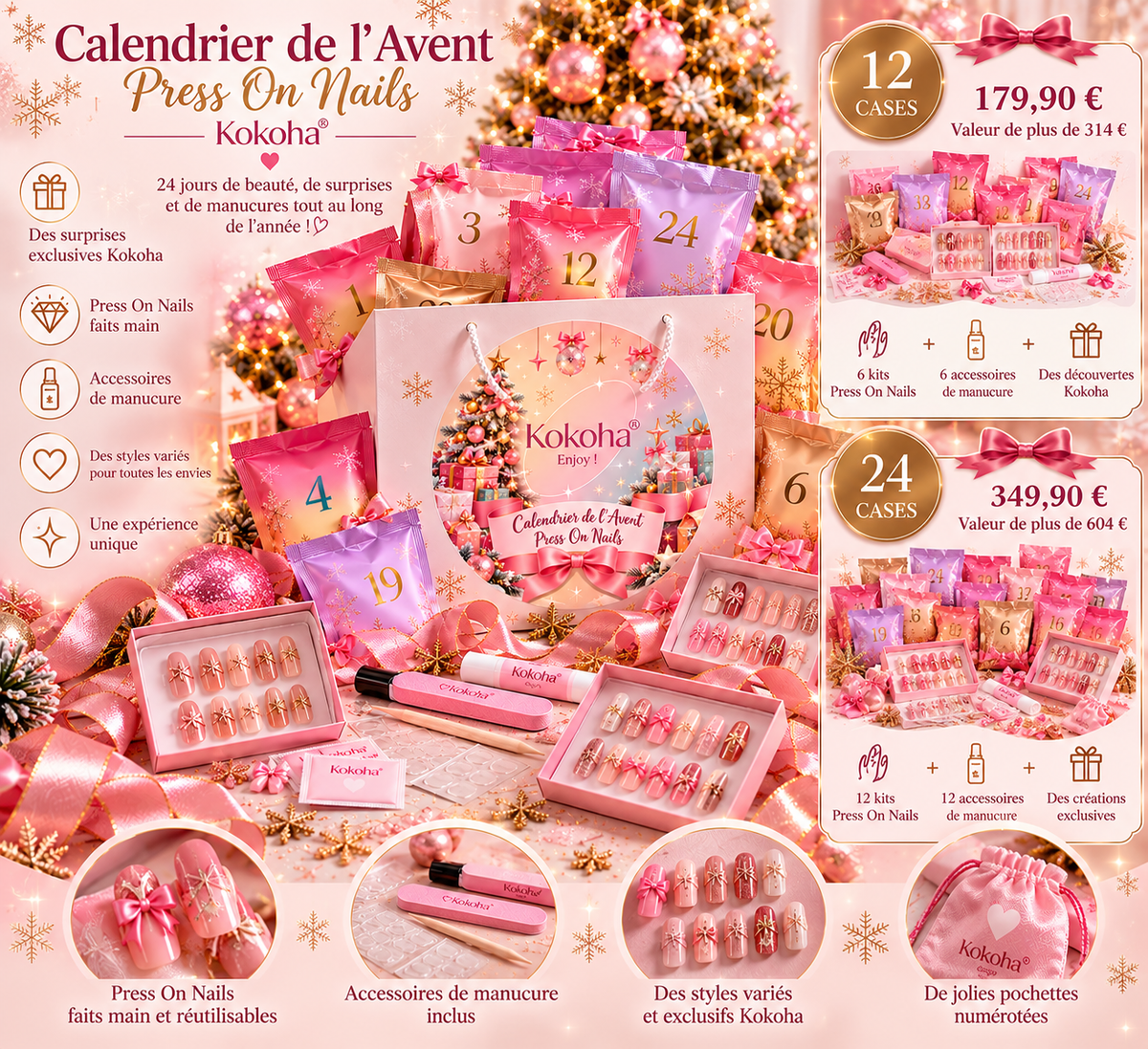 Calendrier de l’Avent Press On Nails Kokoha 2026 – versions 12 et 24 cases avec kits de faux ongles et accessoires