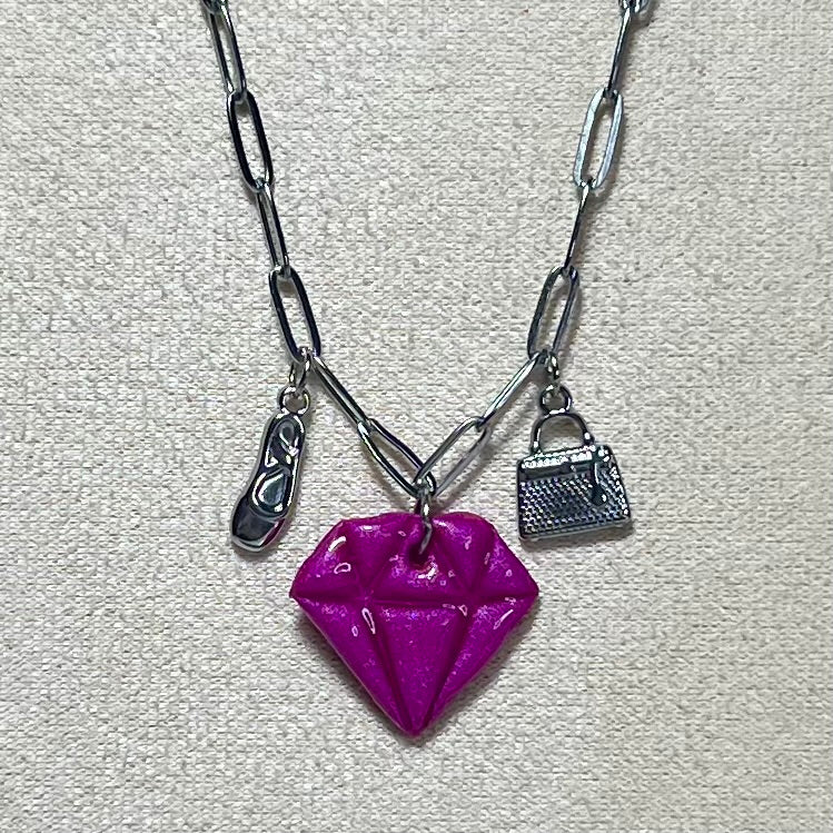 Colliers Diams  – acier inoxydable et pâte polymère – Diamant marbré ou métallisé avec charms uniques