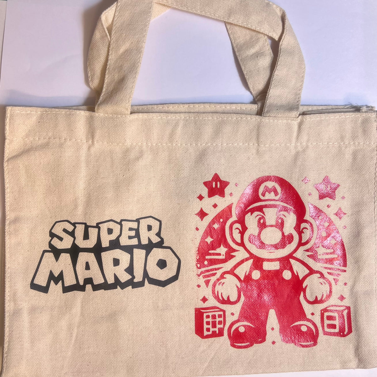 Petit sac crème en coton décoré mario – Kokoha